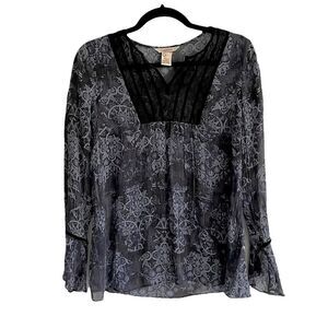 Sundance Blue Silk Printed Long Sleeve Semi-Sheer Popover Blouse Black Lace 8